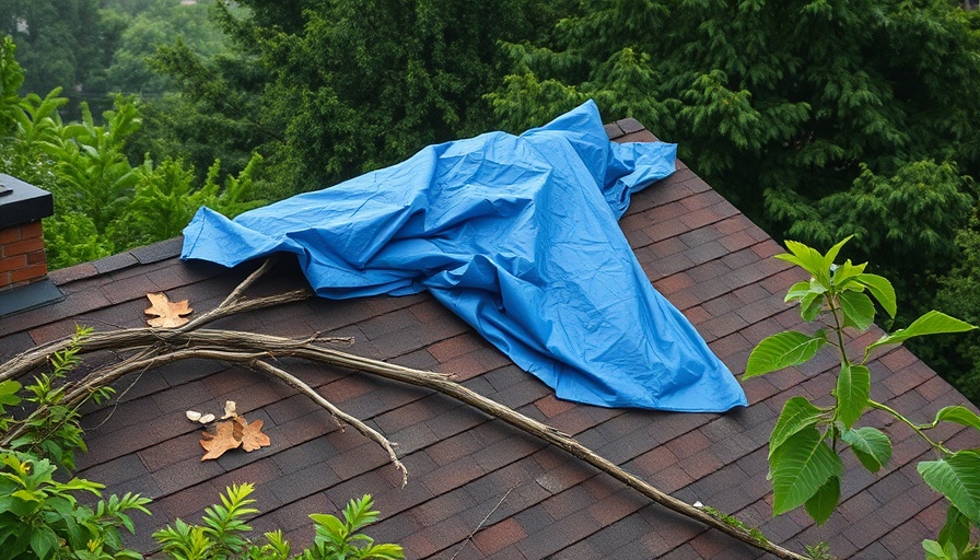 Rooftop covered with blue tarp after storm damage amidst trees.