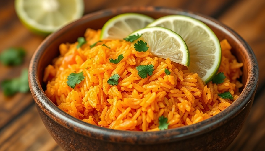 Vibrant Tex Mex rice recipe with lime garnish and cilantro.
