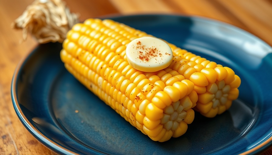 Creole butter corn on the cob with spiced butter on blue plate.