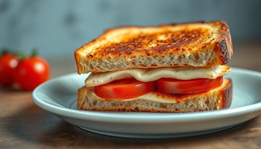 Perfect tomato sandwich with creamy layers on a white plate.