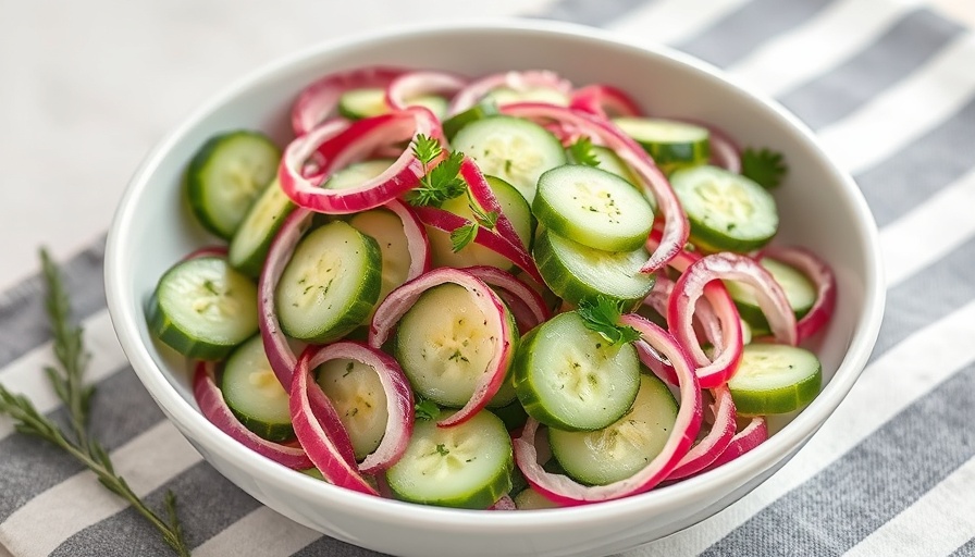 Easy cucumber salad recipe in a white bowl with onions.