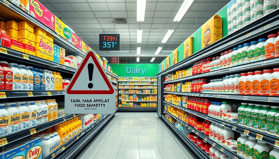 Dairy aisle in store with food recall alert sign prominently displayed.