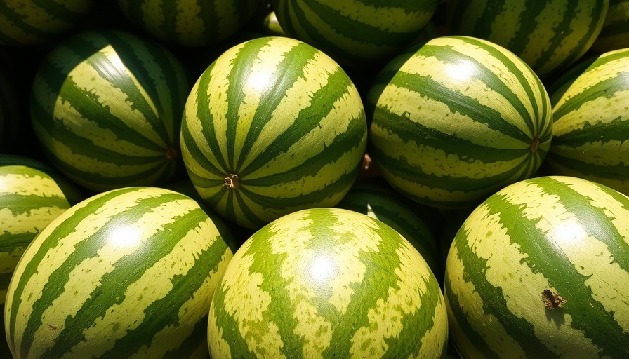 Multiple whole watermelons under sunlight.