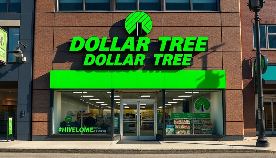 Dollar Tree storefront with green awning under blue sky.