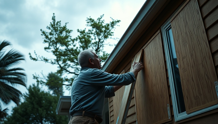 Homeowner preparing house for hurricane with boards and tools.