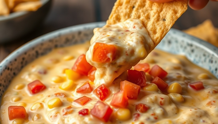 Easy Creamy Corn Dip with tortilla chip and toppings.