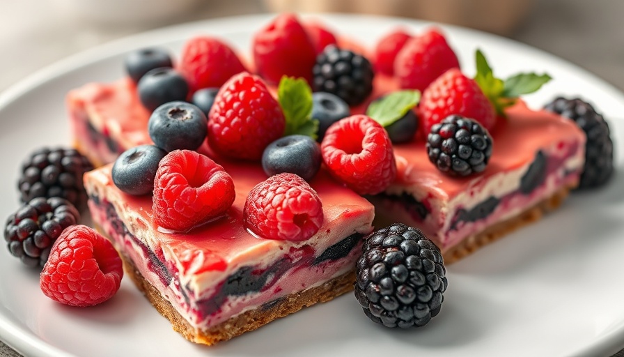 Vibrant no-bake dessert bars topped with fresh fruit