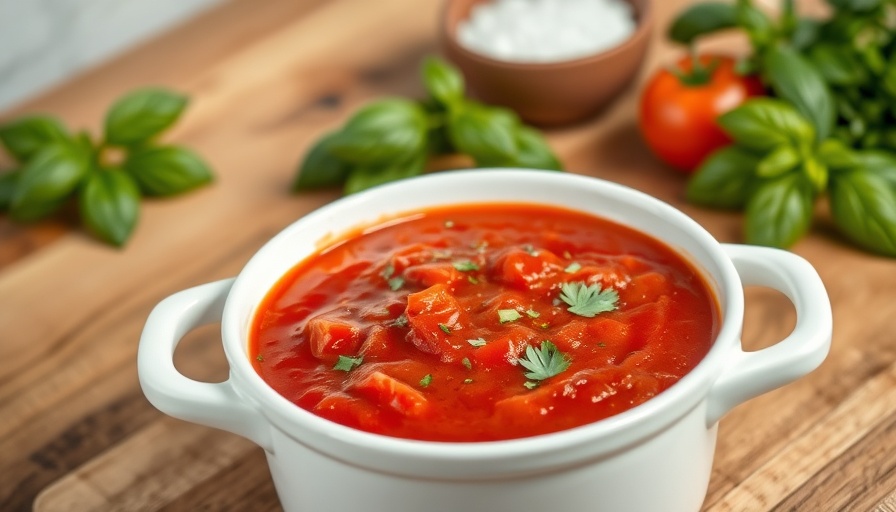 Homemade tomato sauce recipe in a pot with herbs and basil.