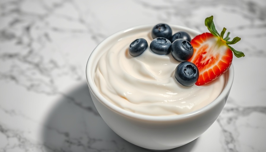 Best vanilla yogurt with berries in a white bowl on marble.