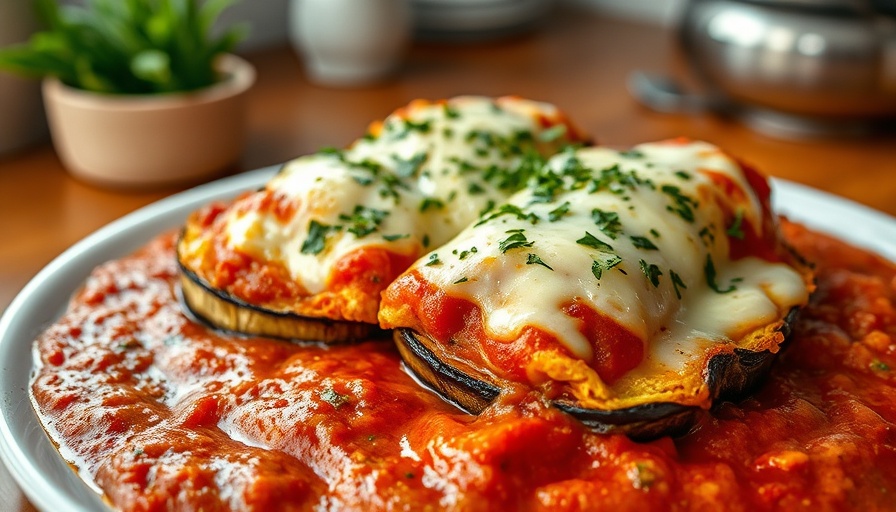 Crispy air fryer eggplant parmesan topped with melted cheese on tomato sauce.