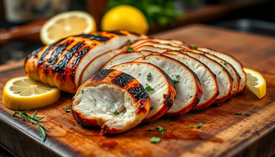Juicy grilled chicken slices with herbs and lemon on a wooden board, Trader Joe’s Chicken Marinade.