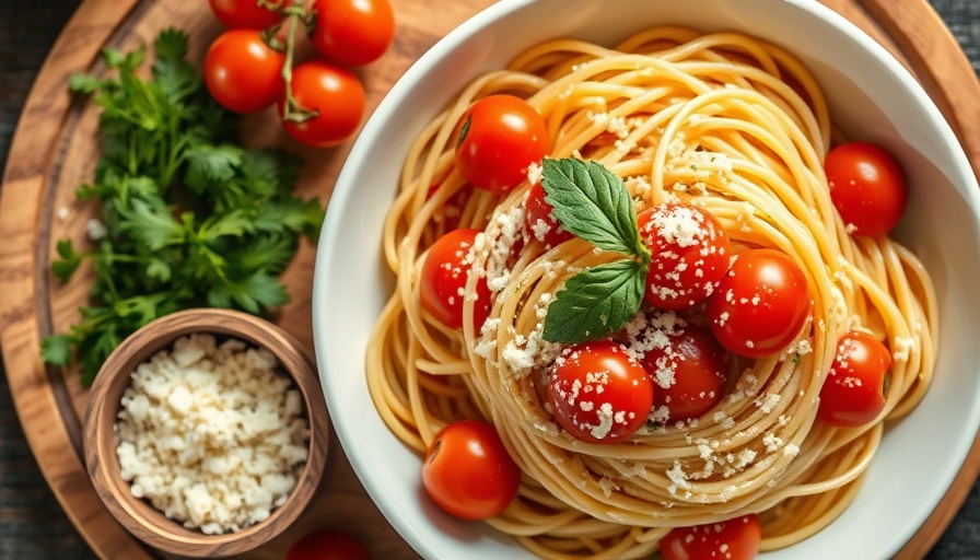 Delicious cherry tomato pasta garnished with cheese and herbs.