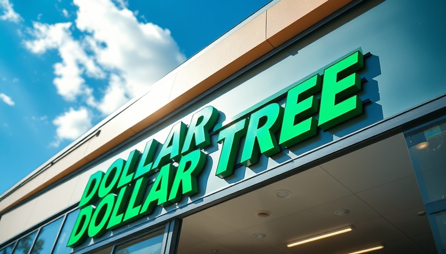 Dollar Tree storefront sign with windows reflecting sky.