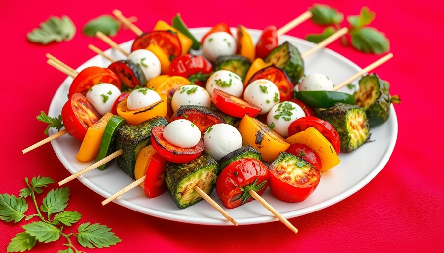 Grilled veggie skewers with colorful vegetables on a plate.