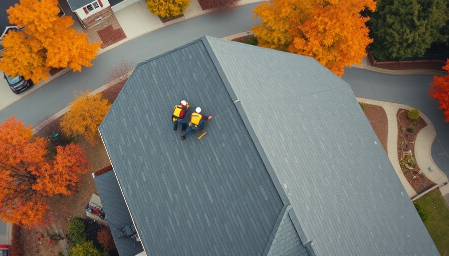 Aerial view of roof repair with autumn trees, top roofing company for storm damage repairs.