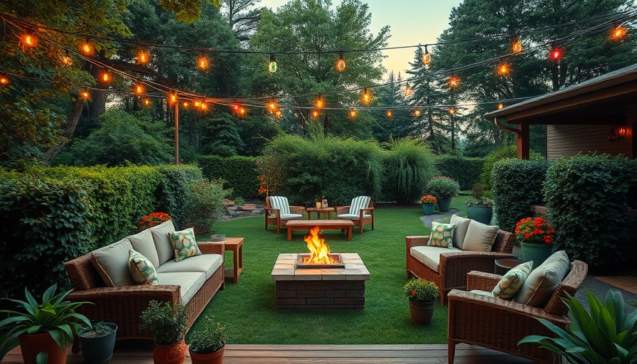Luxurious backyard setup with furniture and lights, creating an entertaining paradise.