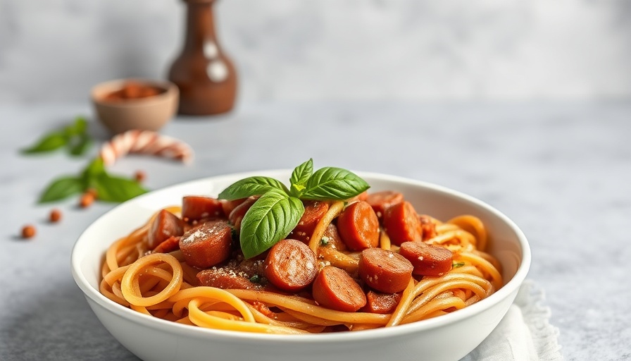 Delicious Italian Sausage Pasta with basil, served in a white bowl.