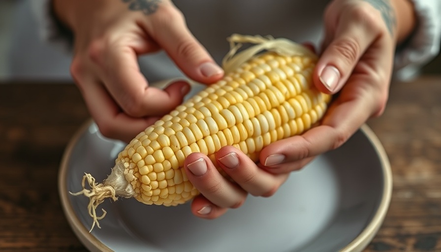 Mess-free corn shucking with hands over a plate.
