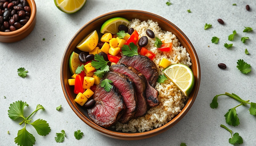 Colorful steak bowl recipe with fresh ingredients.