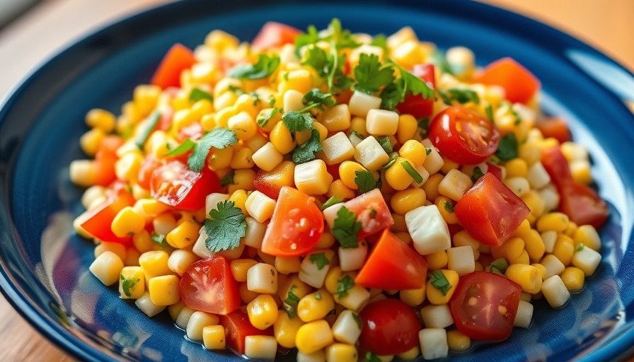 Easy corn and tomato salad on a blue plate with fresh herbs.