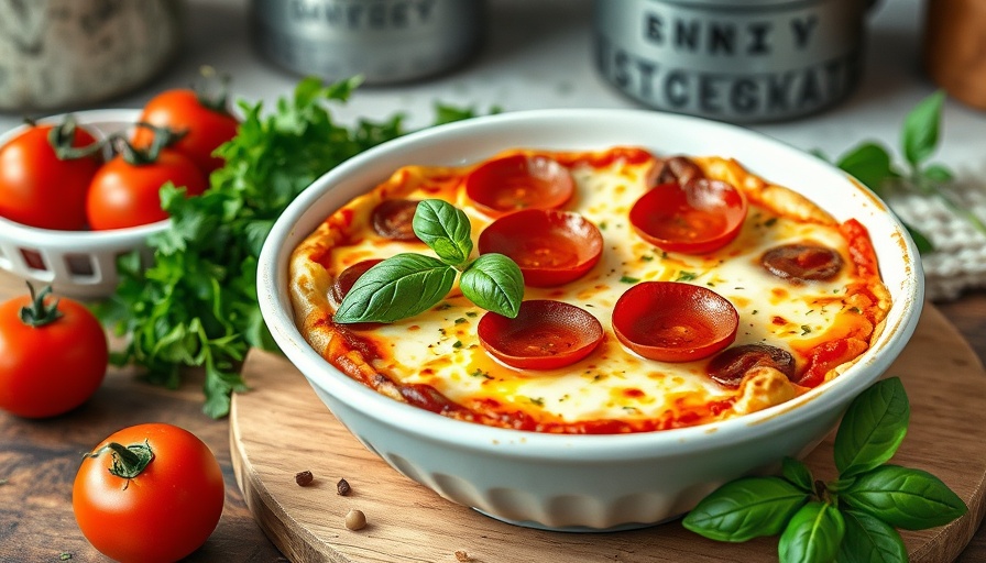 Easy pizza bowl with cottage cheese and pepperoni garnished with basil.