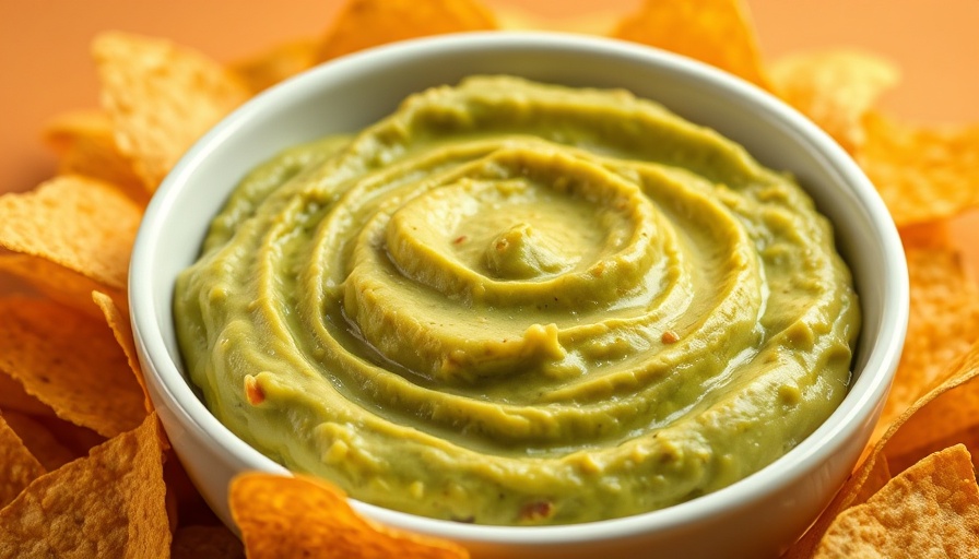 Smooth creamy guacamole with tortilla chips in bowl.