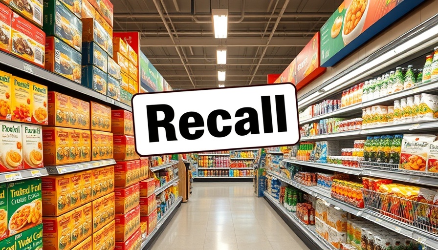 Grocery aisle with food products and recall alert sign.