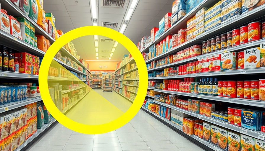 Recall notice in a supermarket aisle for food recalls July 2023.