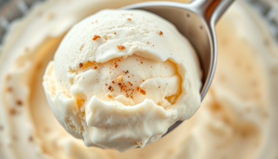 Creamy vanilla ice cream scoop with visible vanilla bean specks.
