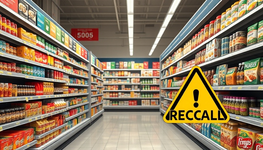 Food recalls in a supermarket aisle with prominent recall sign.