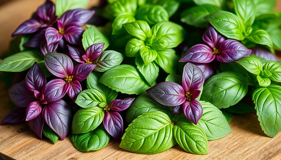 Fresh green and purple basil leaves arranged on a wooden table.