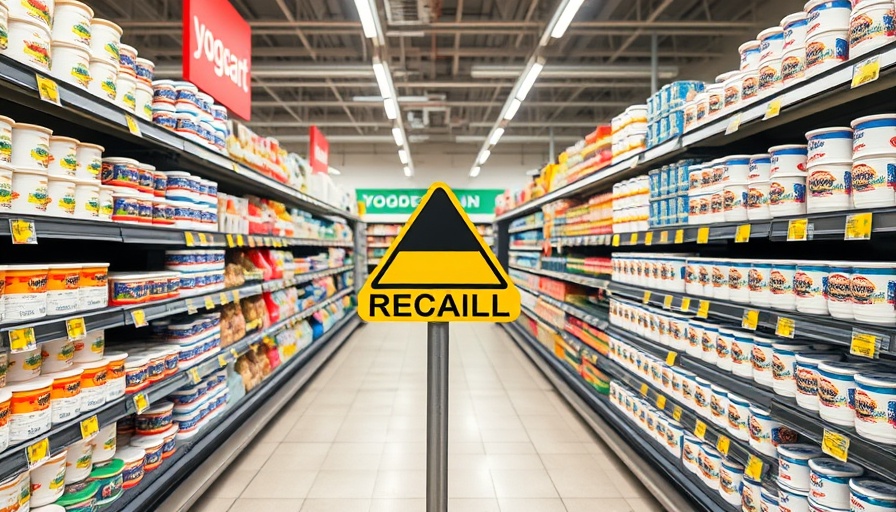 Supermarket yogurt aisle with recall sign indicating YoCrunch yogurt recall.