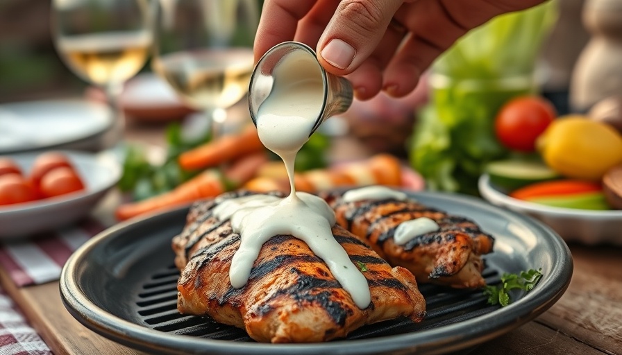 Pouring Alabama white sauce on grilled chicken at outdoor picnic.