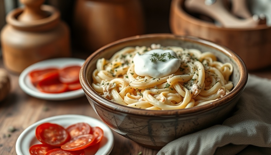 Cottage cheese and noodles recipe with sour cream in rustic bowl.
