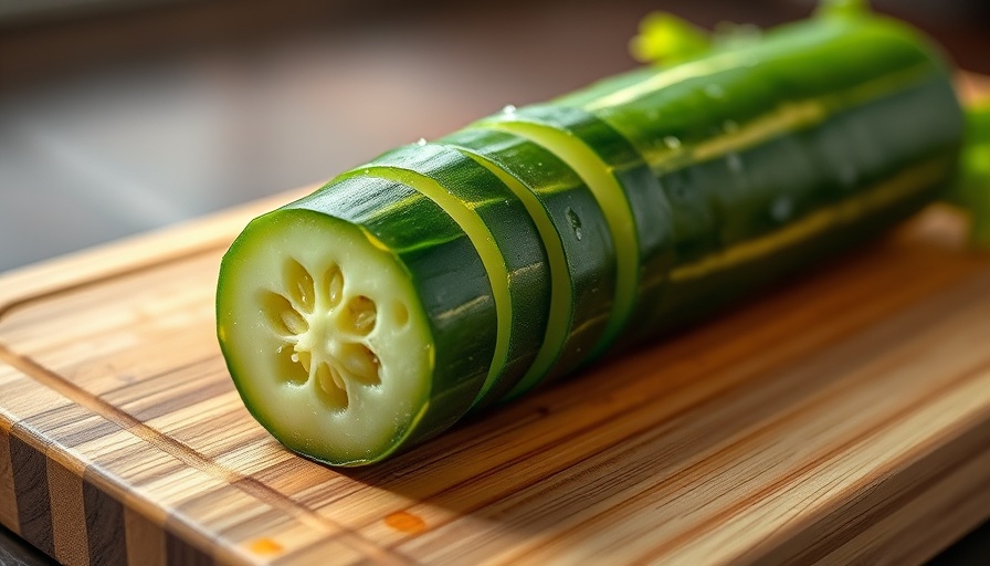 Freshly sliced cucumber on cutting board, avoiding bitter cucumbers.