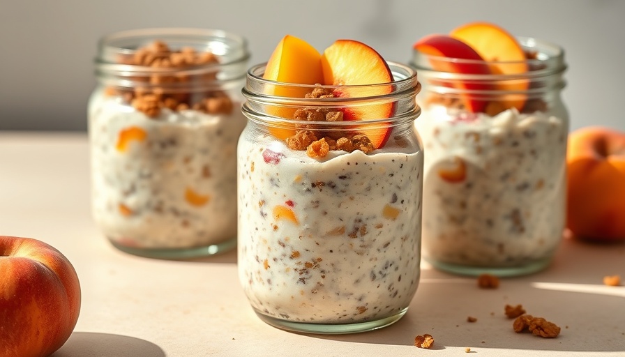 Peach Cobbler Overnight Oats in jars with peaches and granola.