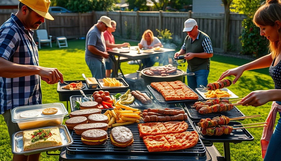 Backyard grilling scene with skewers and burgers, vibrant food display.