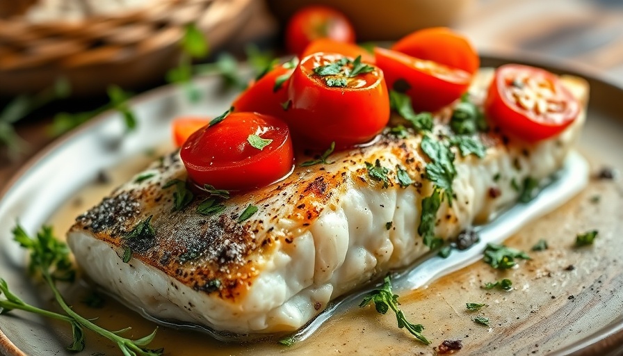 Baked Cod with Roasted Tomatoes garnished with fresh herbs.