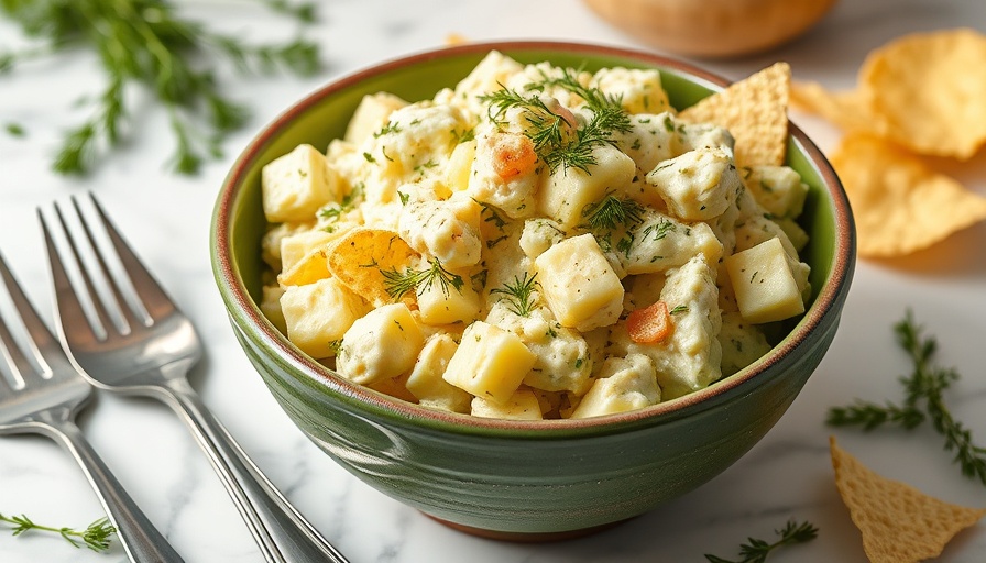 Delicious dill pickle potato salad recipe in a green bowl