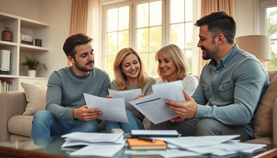 Family reviewing home equity loans documents in a cozy living room.