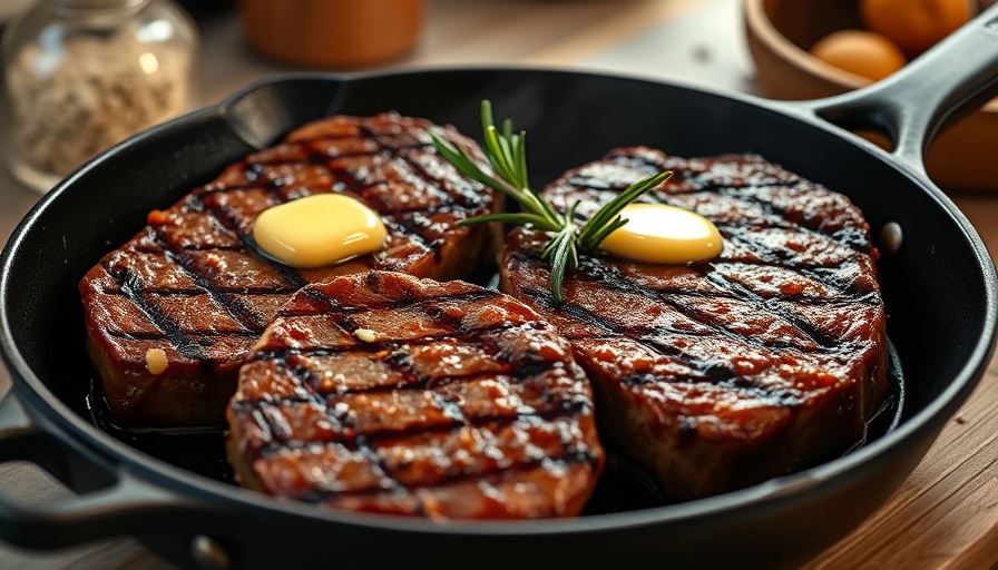 Juicy steak baked to perfection with butter and rosemary in a skillet.