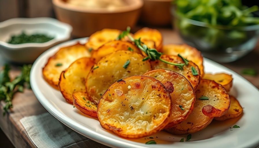 Crispy oven-baked potato slices garnished with herbs on a plate.