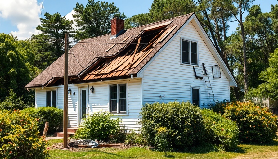 Severely damaged house illustrating causes of roof storm damage.