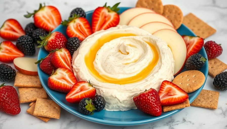 Plate of 3-ingredient cheesecake dip with fruits and snacks.