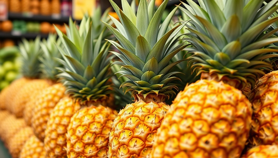 Close-up of ripe pineapples in a store showing how to tell if a pineapple is ripe.