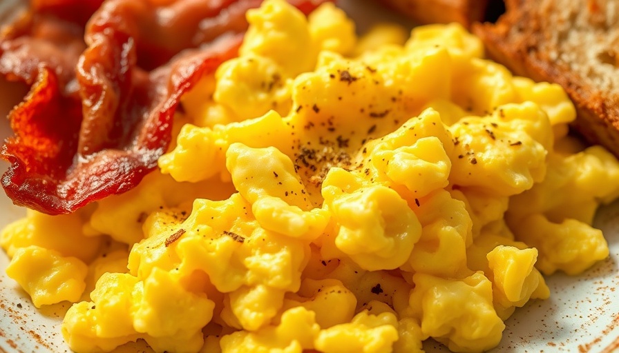 Fluffy scrambled eggs with bacon and toast