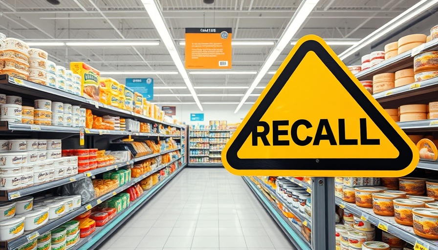 Supermarket dairy aisle with recall sign highlighting food recalls this week.