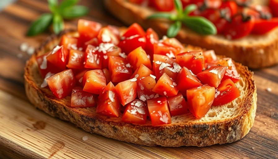 Easy summer bruschetta on wood board showcasing simple recipe.