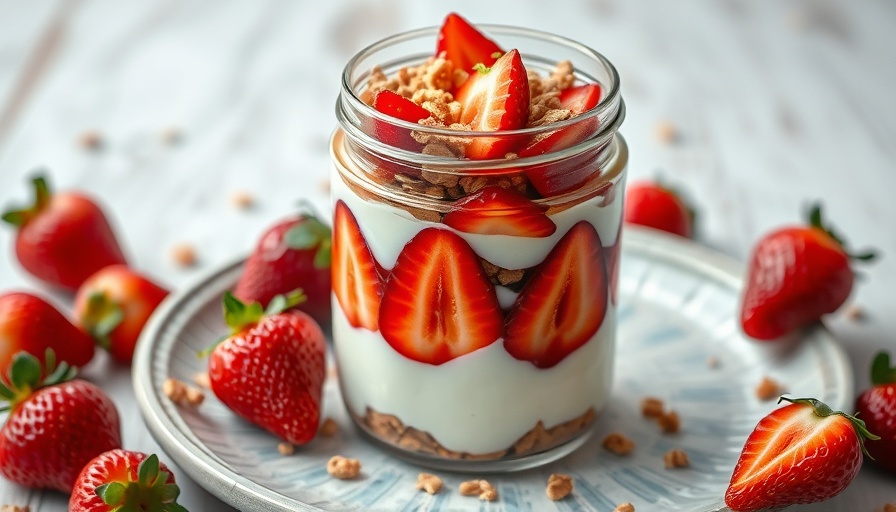 Easy strawberry parfait recipe with yogurt and granola in a jar.
