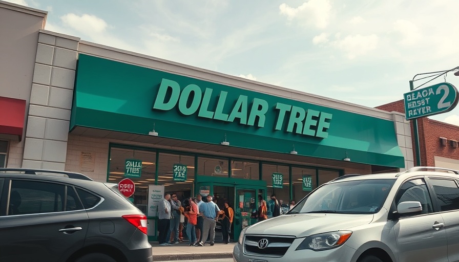 Dollar Tree storefront with parked cars and people entering.